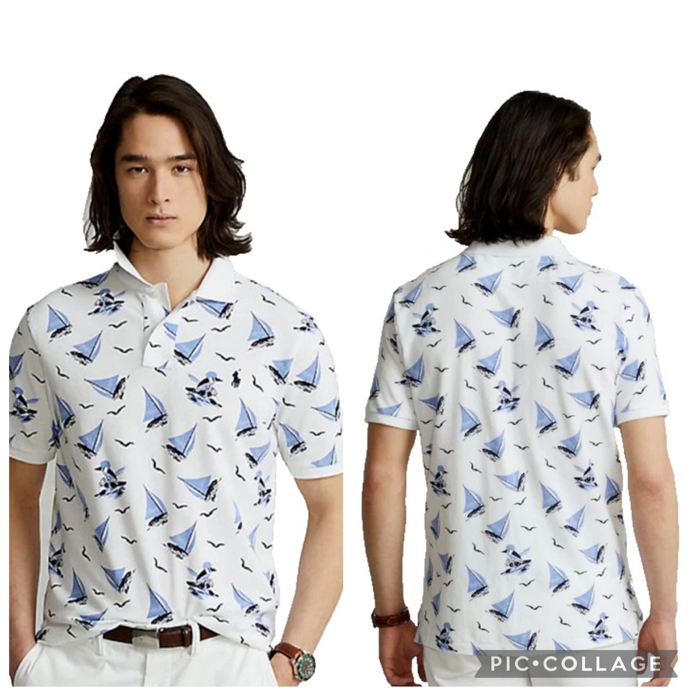 Polo Ralph Lauren Mens Sailboat Print Polo Shirt White Blue Classic Fit Large